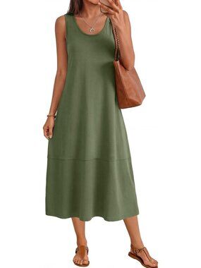 Women Olive Green Cotton Midi Sleeveless Dress Trendy Beach Casual Long Sundress